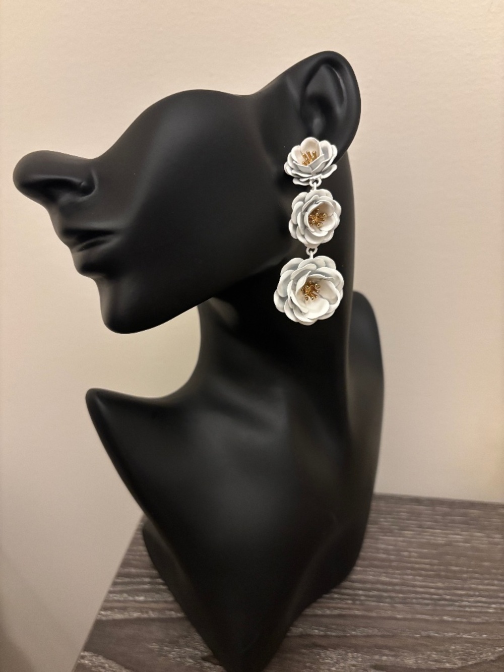 White Floral Statement Dangle Earrings Monet on Back Layered Flower Gold Tone